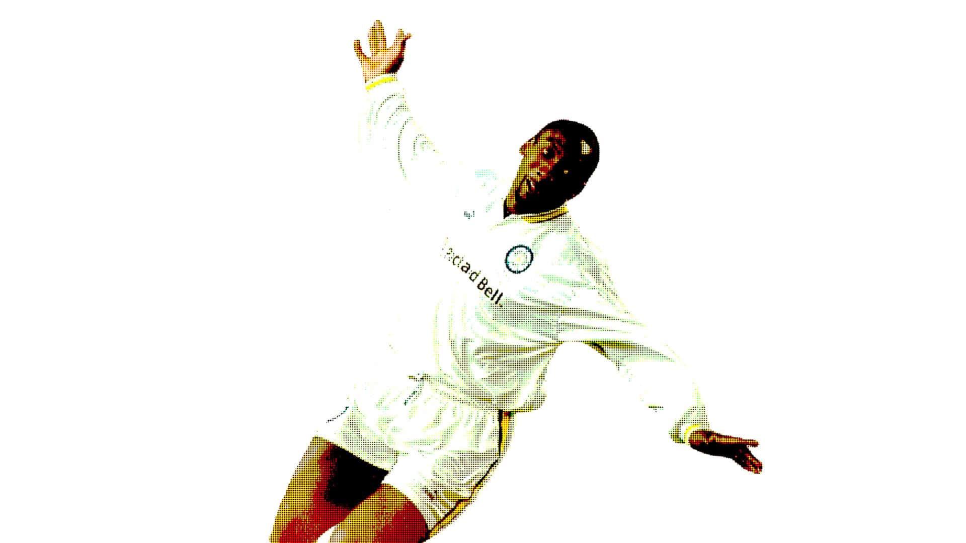Jimmy Floyd Hasselbaink, arms splayed, about to break into a cartwheel he never quite mastered