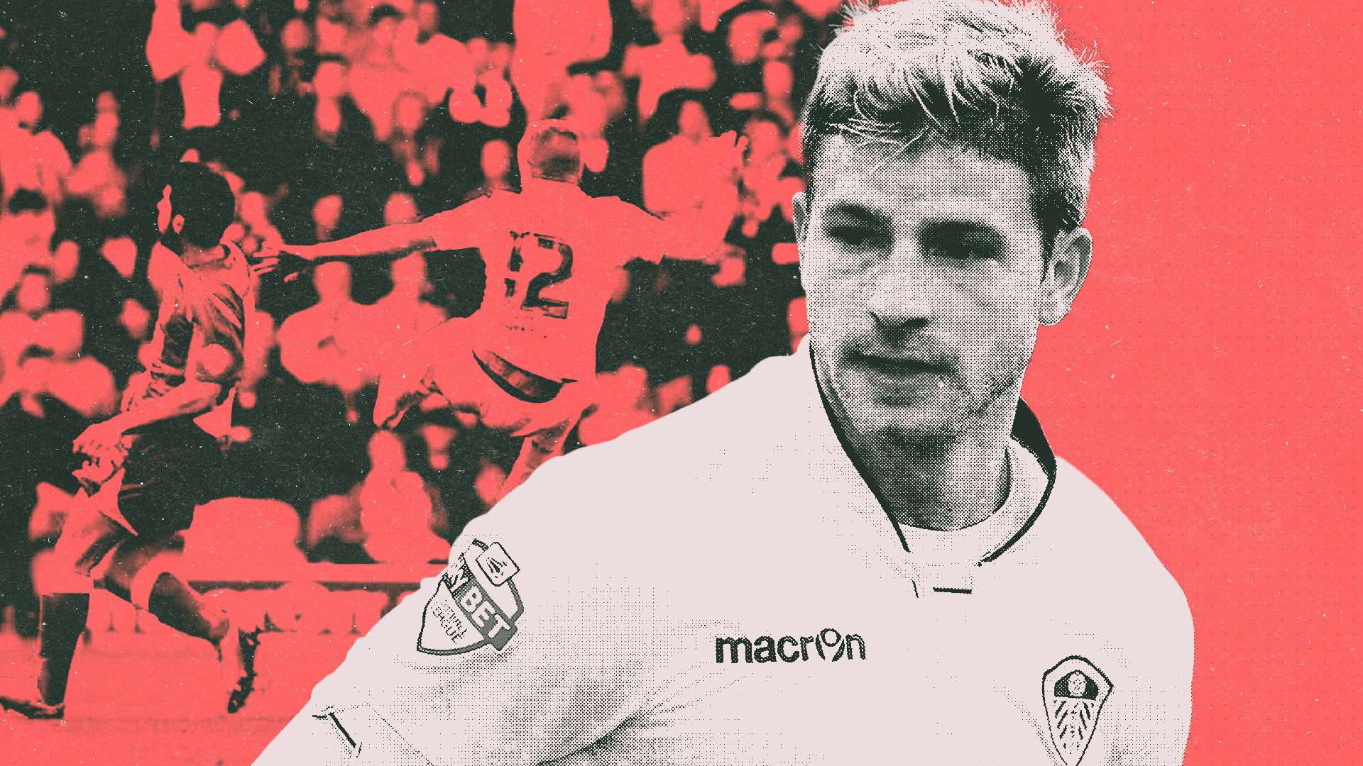 A collage of Gaetano Berardi in his first season at Leeds, him leaping into the air to karate kick Will Hatfield, set against the backdrop of a rare red card