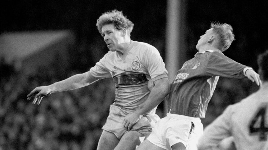 Ian Baird jumping for a header against either a very brave or very stupid Nottingham Forest defender