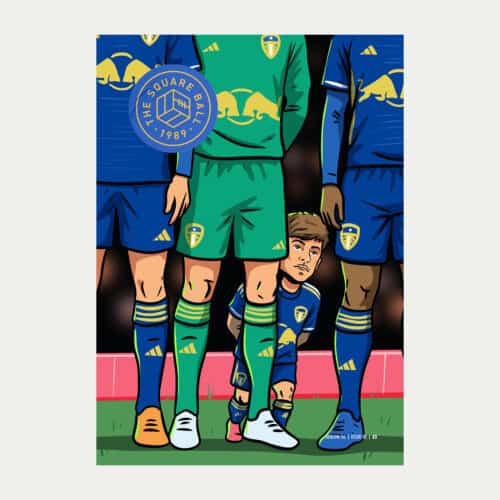 The cover of issue one of The Square Ball magazine 2025/26, featuring Dan James peering from behind the legs of the rest of Big Lads FC