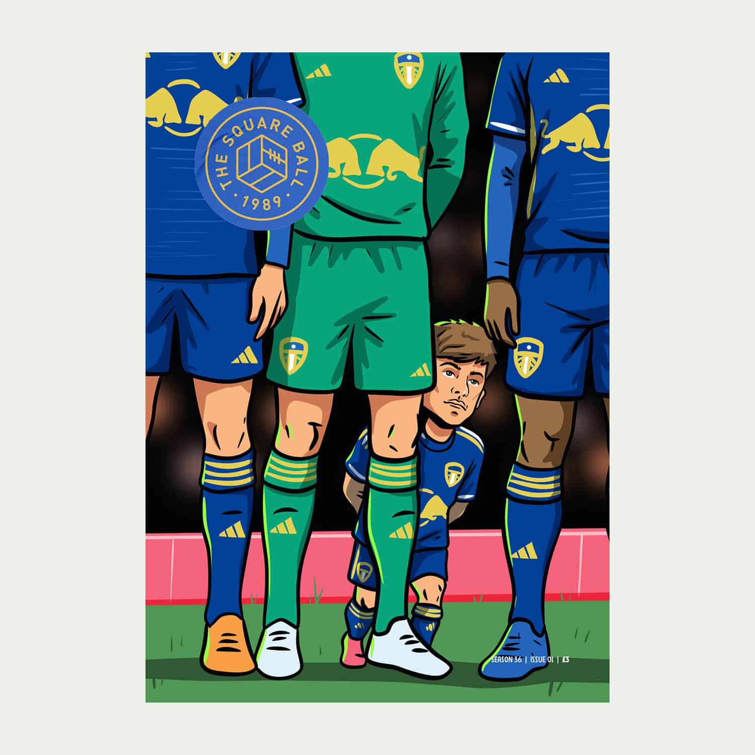 The cover of issue one of The Square Ball magazine 2025/26, featuring Dan James peering from behind the legs of the rest of Big Lads FC