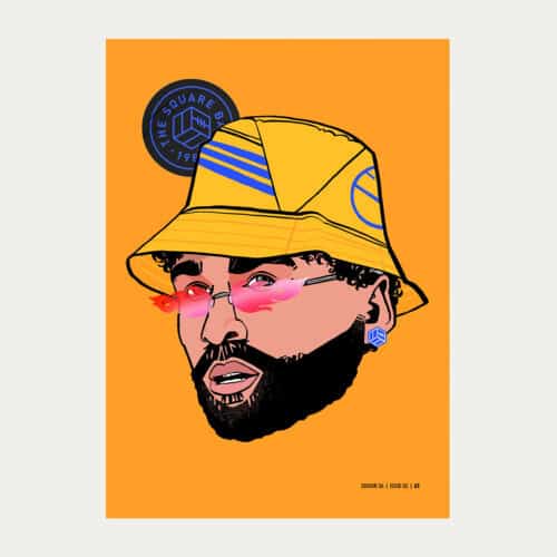 The cover artwork for issue two of The Square Ball 2025/26 season, featuring a cool illustration of Dominic Calvert-Lewin wearing pink sunglasses and a yellow smiley badge bucket hat, by Shannon Marriott