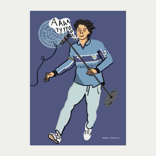 Arley Byrne's cover artwork for issue three of The Square Ball 2025/26, featuring Ao Tanaka rocking the mic in a 1999/2000 blue away shirt, AKA the Lazio shirt. What's not to love?