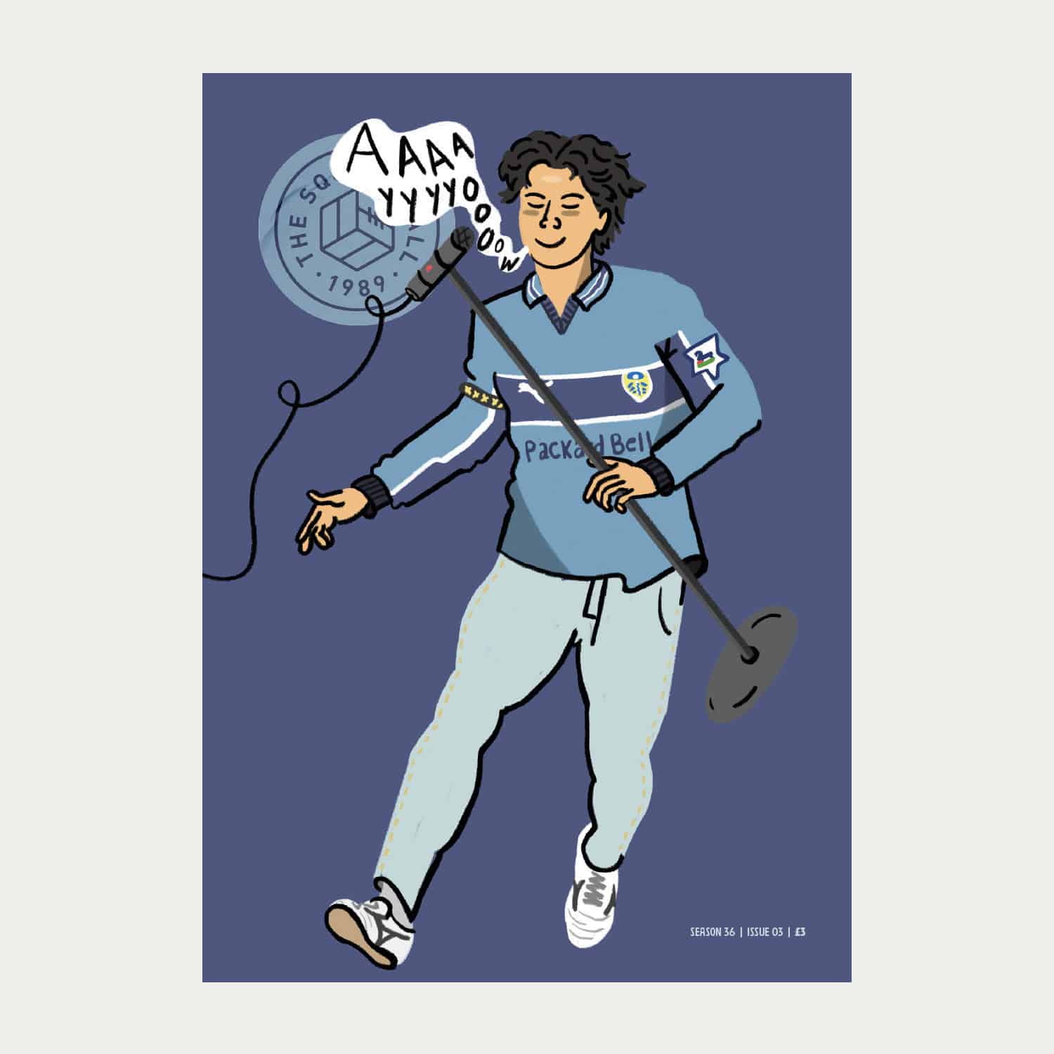 Arley Byrne's cover artwork for issue three of The Square Ball 2025/26, featuring Ao Tanaka rocking the mic in a 1999/2000 blue away shirt, AKA the Lazio shirt. What's not to love?