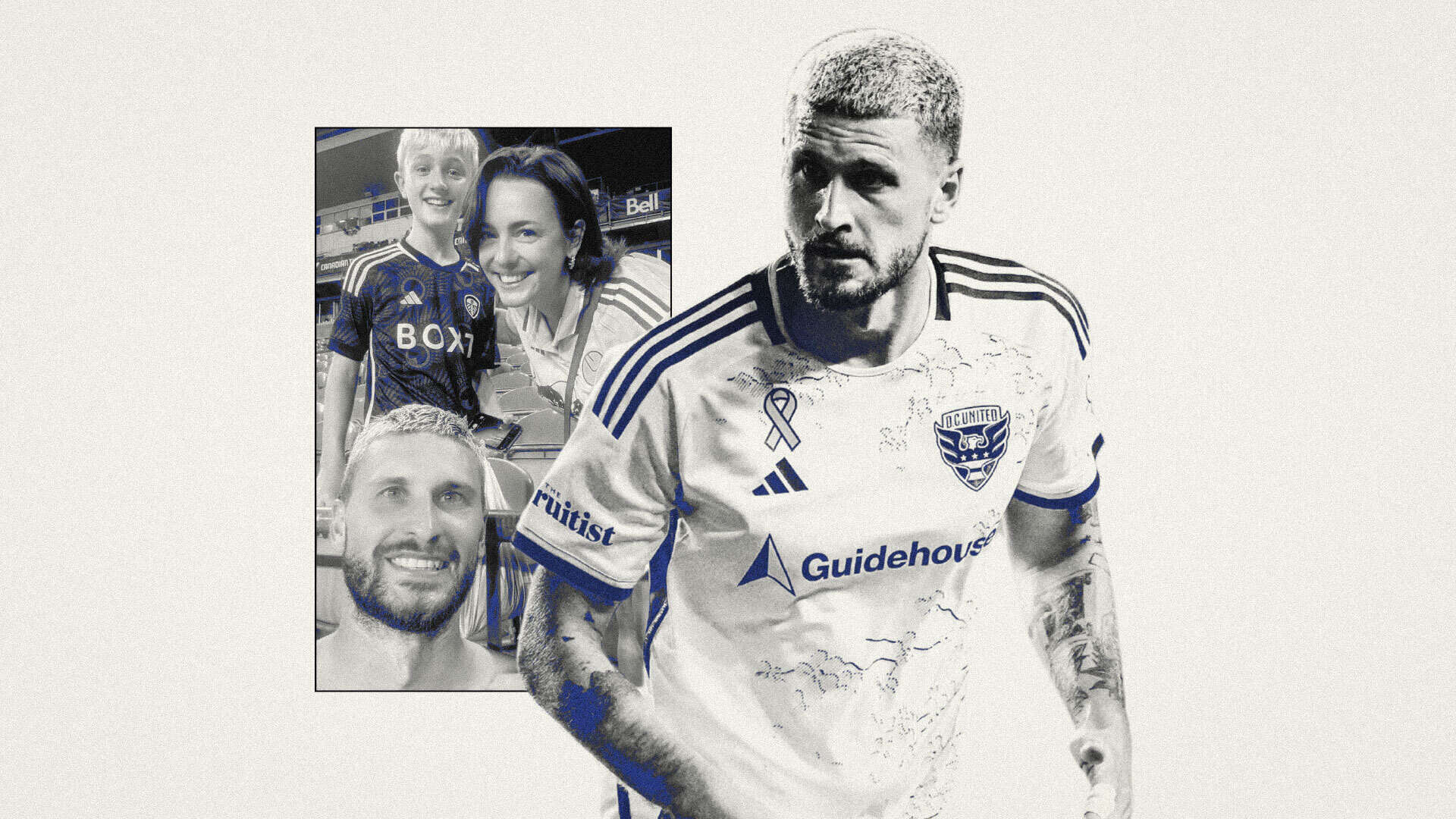 A black and white image of Mat Klich playing for DC United alongside a photo of writer Kirsty Kenyon and her son meeting the man himself while wearing Leeds shirts