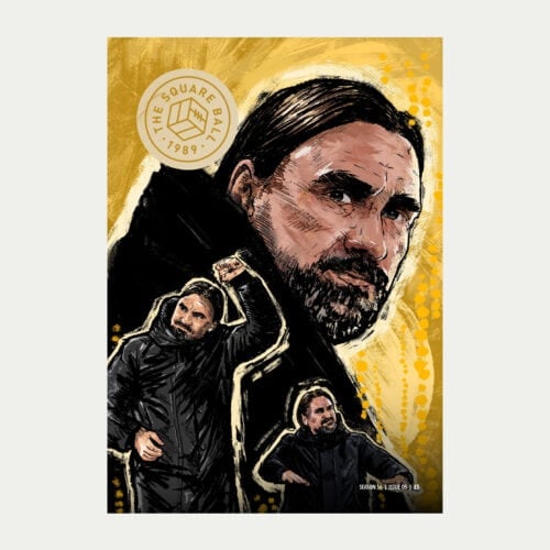 The cover of issue five of the 25/26 TSB magazine, featuring an illustration of Daniel Farke in his big black coat set against a yellow background by Emily Tartanella