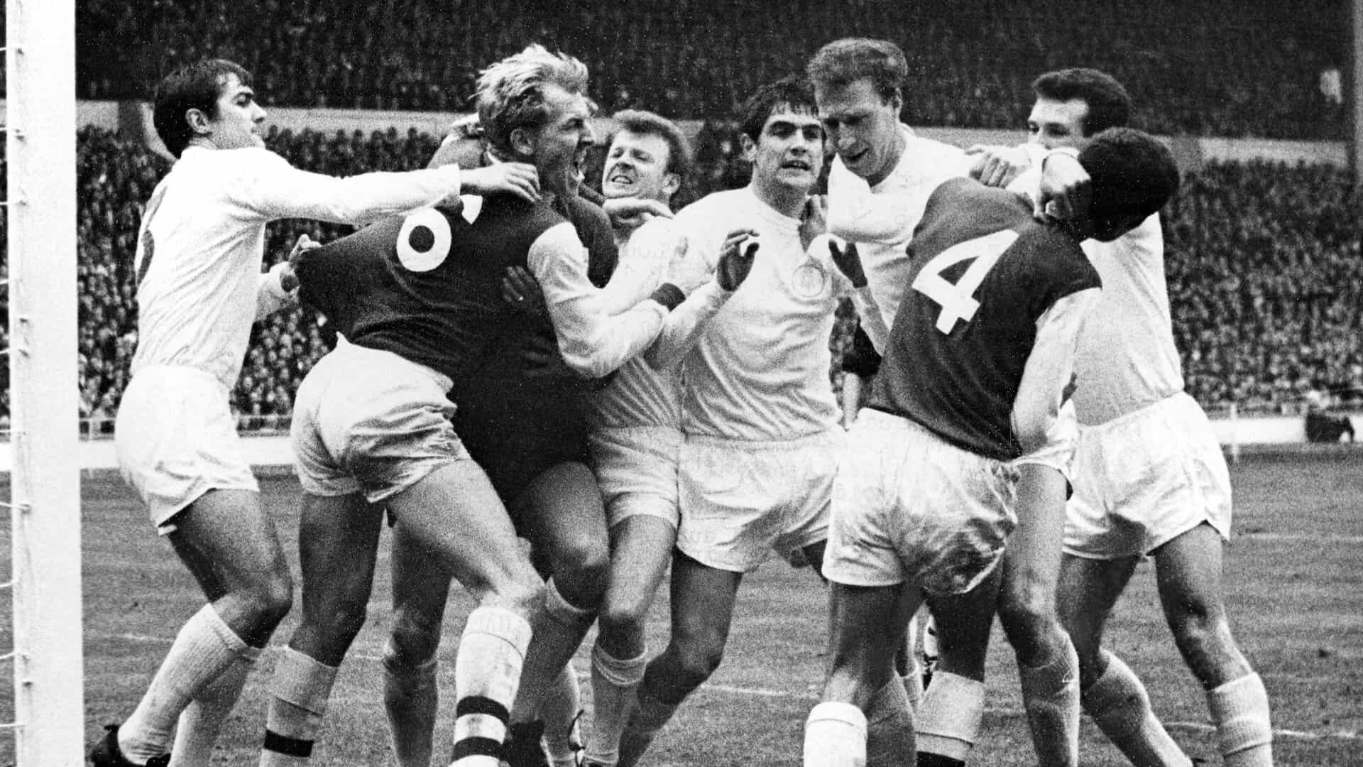 Leeds getting stuck into Arsenal during the 1968 League Cup final at Wembley. Jack Charlton, Norman Hunter and Billy Bremner are in the thick of a scrap, surprise surprise
