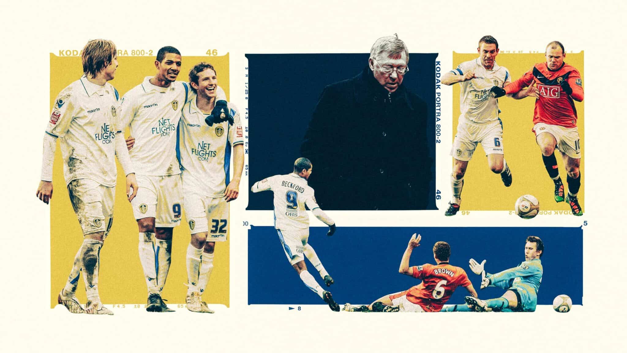 A collage of images from Leeds United's 1-0 win at Scum on January 3rd, including Alex Ferguson looking sad, Jermaine Beckford scoring, and Richard Naylor battling with Wayne Rooney