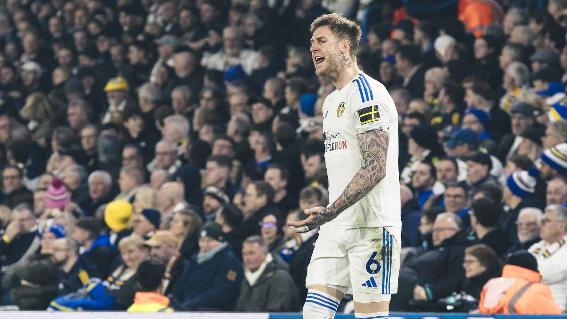 Joe Rodon grimacing, complaining, moaning during Leeds' draw against Brentford. It's basically how Joe Rodon always looks, and how everyone in the ground felt
