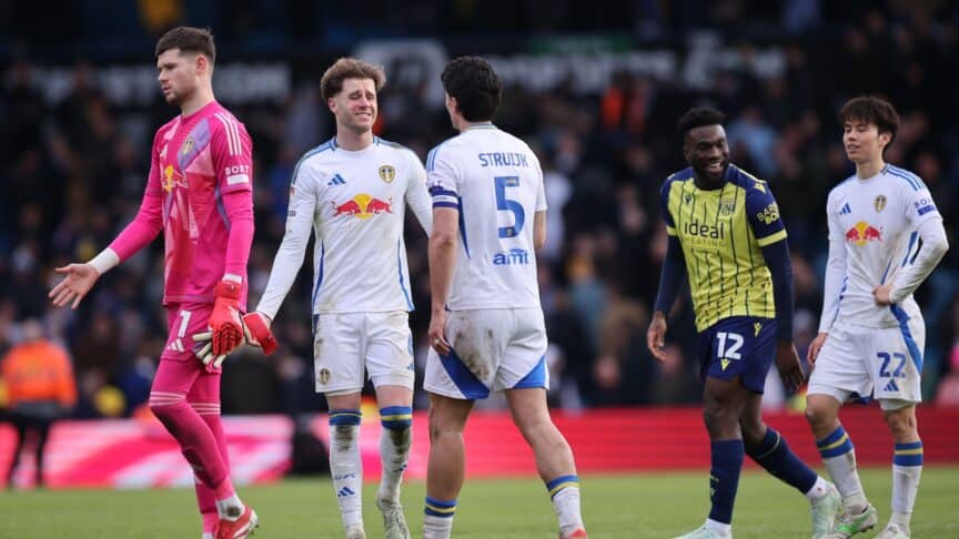 Joe Rodon pulling a funny face at Pascal Struijk at full-time of Leeds' 1-1 draw with West Brom
