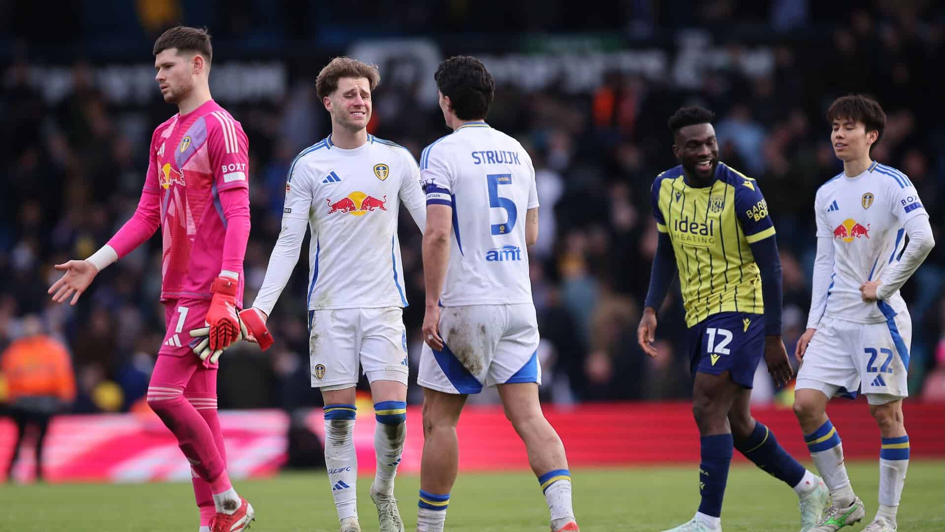 Joe Rodon pulling a funny face at Pascal Struijk at full-time of Leeds' 1-1 draw with West Brom