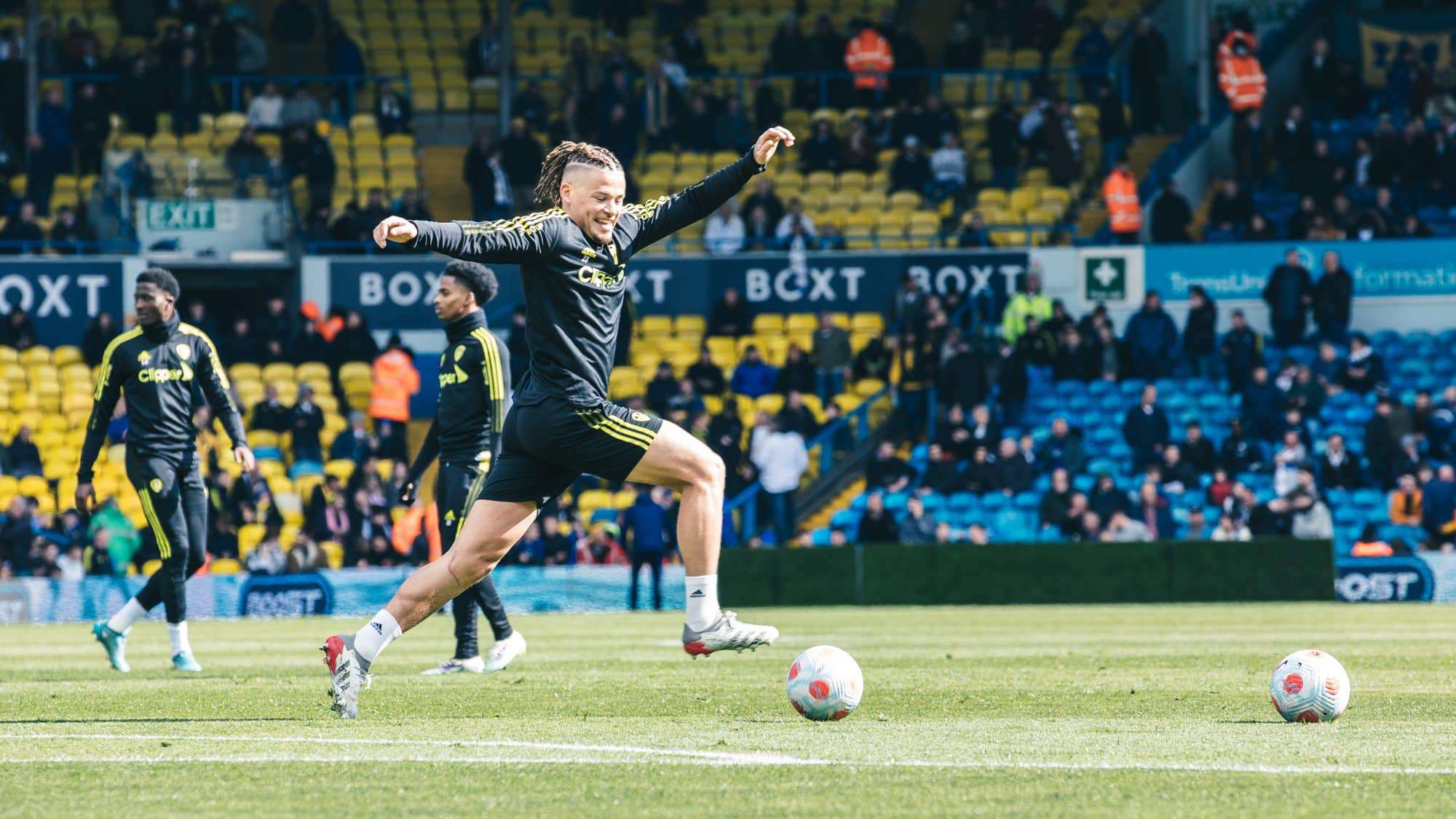 Kalvin Phillips looking happy to be warming up before the Southampton game