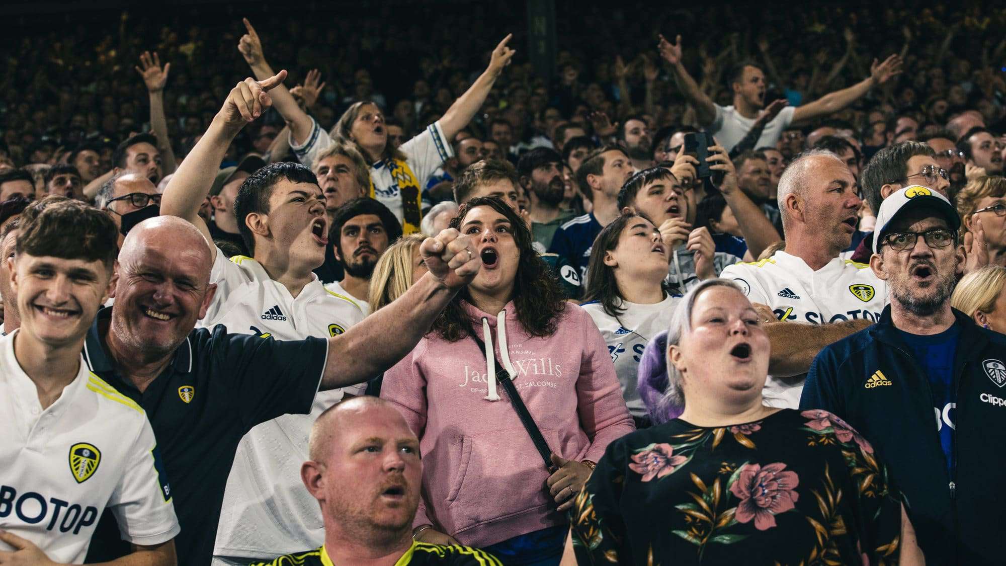 Leeds fans in the Kop doing some good old fashioned shouting