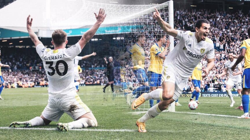 Gelhardt appealing for a penalty, Struijk celebrating a goal