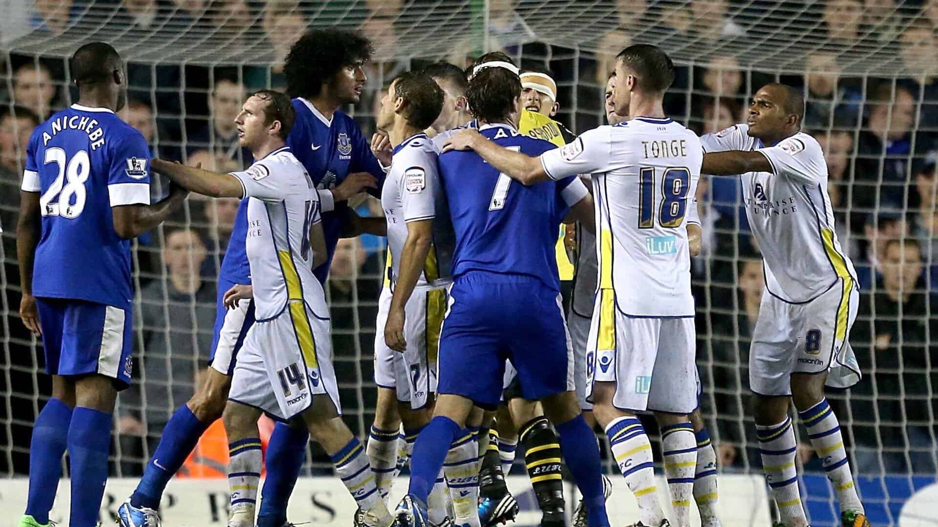 Leeds and Everton players squaring up to each other during a League Cup tie under Neil Warnock. Michael Brown is in the middle of it all, obviously