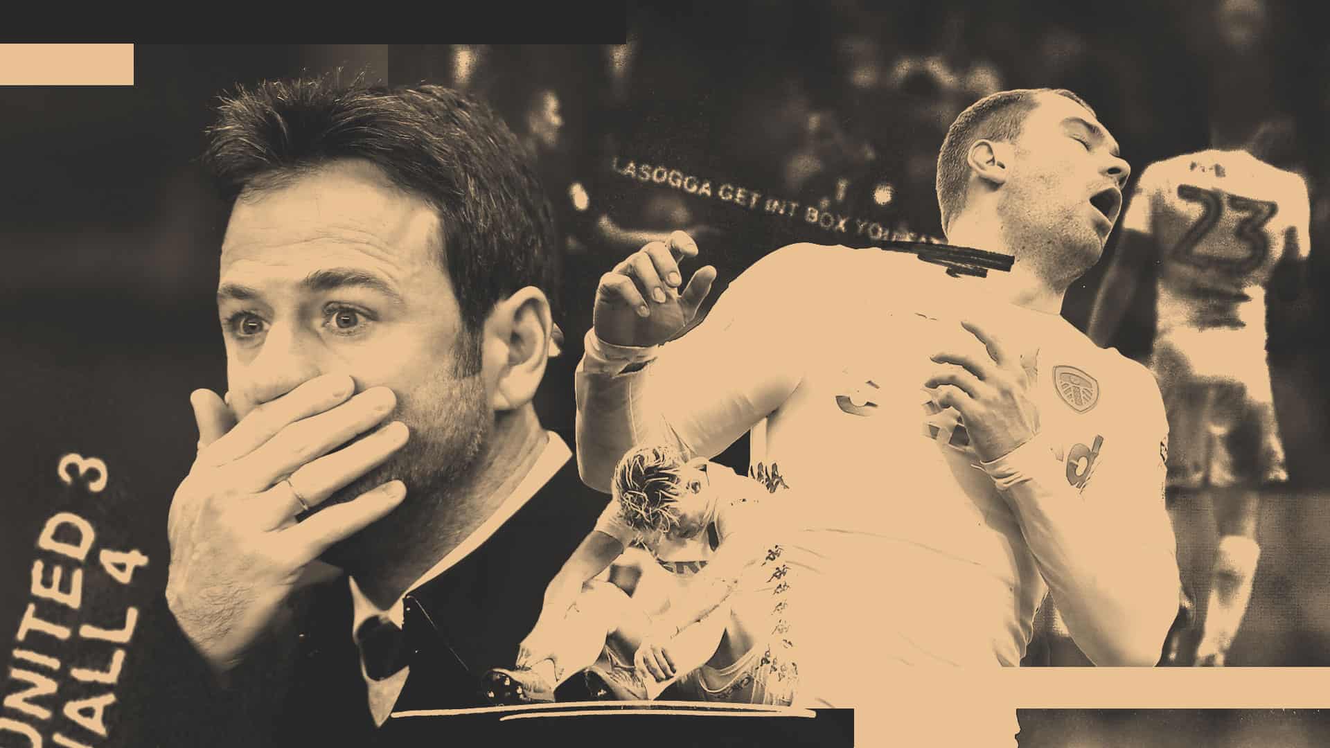 Thomas Christiansen, Pierre-Michel Lasogga, Kalvin Phillips, and Gjanni Alioski, all trying to process a 4-3 defeat to Millwall