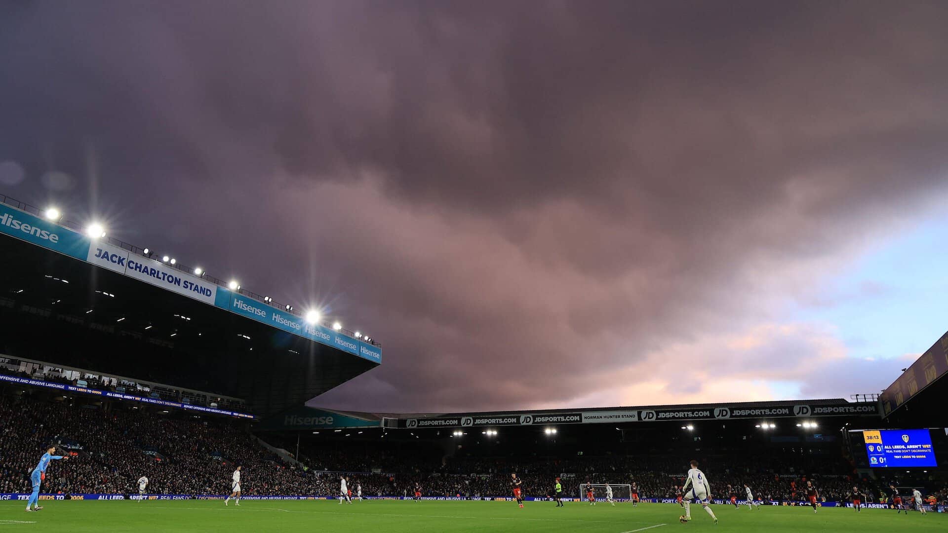 A panoramic photograph of Elland Road with fittingly dark clouds above Leeds' game with Blackburn