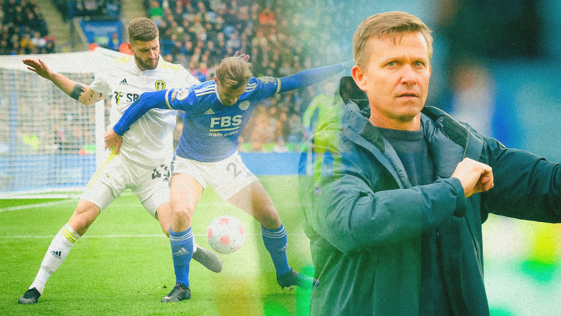 A collage featuring Mateusz Klich doing a tackle, and Jesse Marsh doing a tentative Leeds salute
