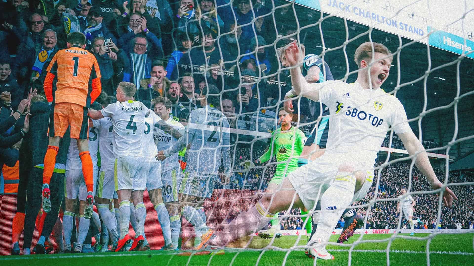 From inside the net, Gelhardt has just scored and is starting to celebration; it's merged with the mad celebrations in the north-west corner, Meslier leaping on the squad