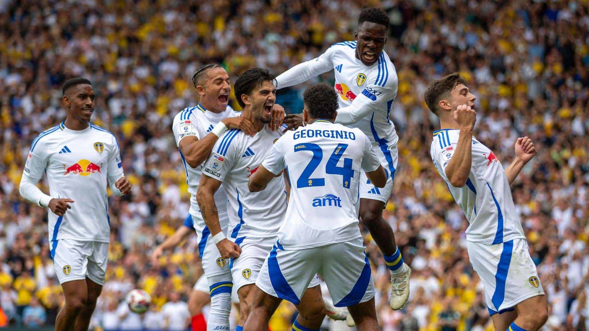 Leeds celebrate Pascal Struijk's opener against Portsmouth. Wilf Gnonto is jumping all over him. Dan James is beating his chest at the South Stand
