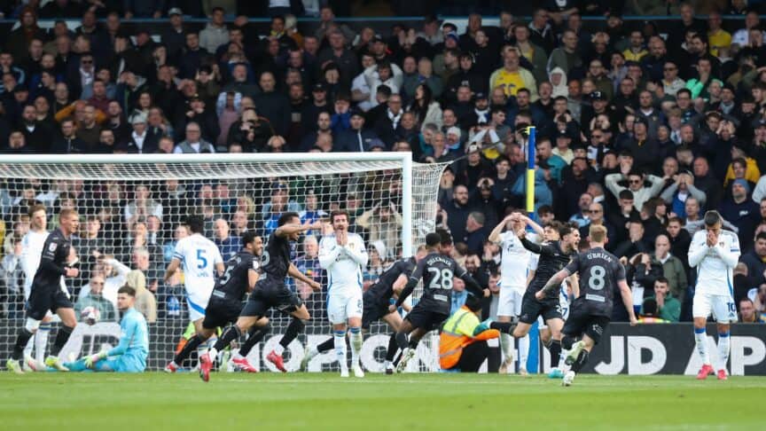 The Leeds players react after Illan Meslier dropped yet another clanger for Swansea's opening goal — Joe Rothwell, Sam Byram and Joel Piroe have their heads in their hands. Joe Rodon yet again looks like he wants to throttle his goalkeeper