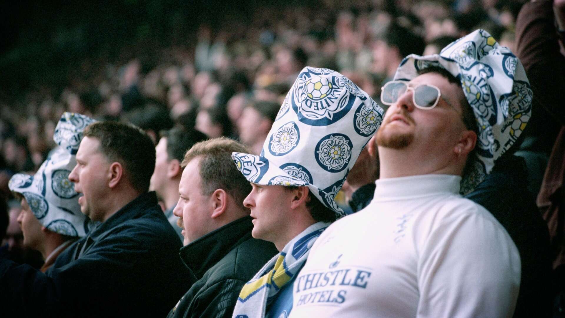 Leeds fans is silly big hats looking bored during the 1996 FA Cup quarter-final(!) against Liverpool