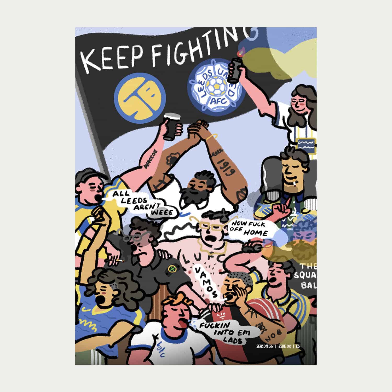 Arley Byrne's cover artwork for issue eight of The Square Ball magazine 2025/26 — featuring a collage of figures in a crowd at Elland Road, holding aloft pyro and pints, smoking cigs, shouting "fuckin into em lads" etc. There's even one fan in a Newell's Old Boys shirt