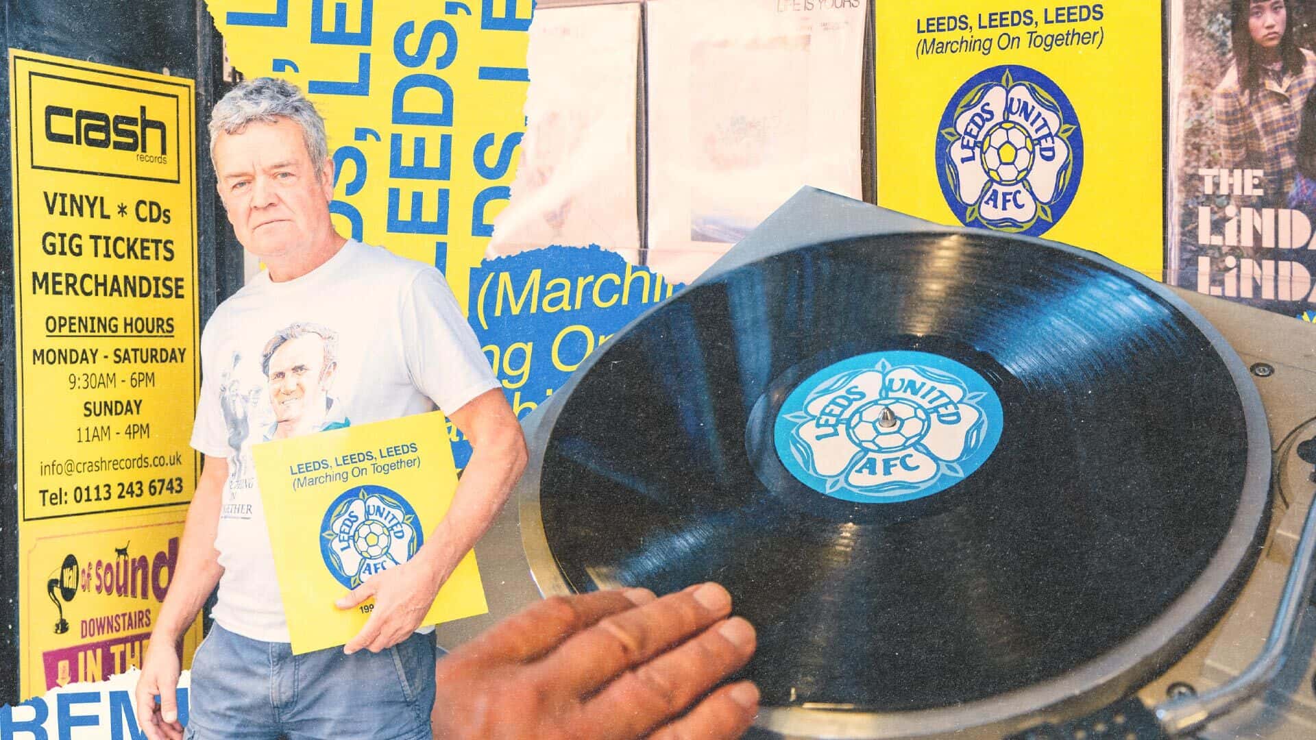 A collage of images of the 1992 vinyl remix of Marching On Together, and former Sony Music rep and Crash Records owner Ian De-Whytell standing outside the shop in Leeds