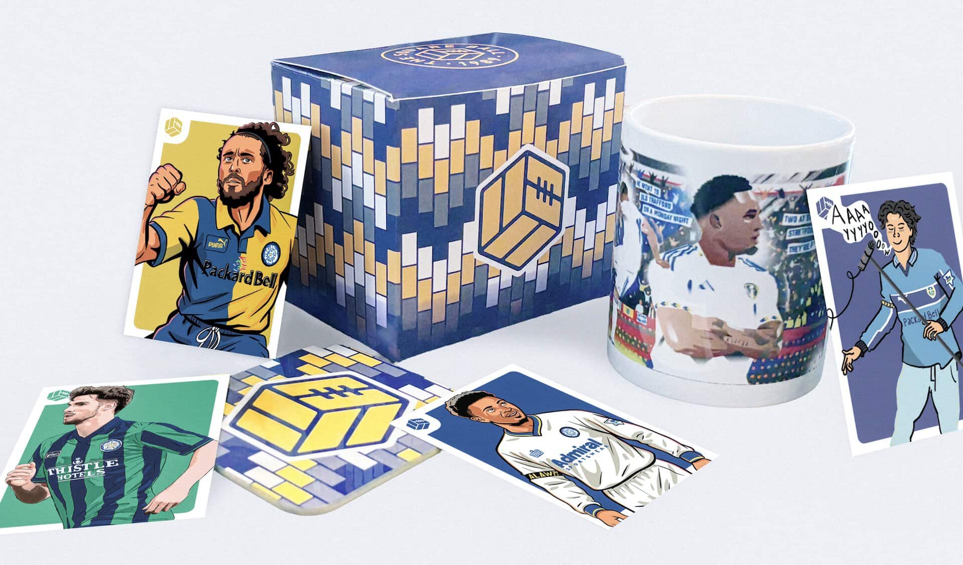 Our new Noah Okafor mug bundle, featuring artwork of his heroics at Old Trafford, plus a TSB Lowfields-inspired coaster and eight player trading cards taken from our 2026 charity calendar