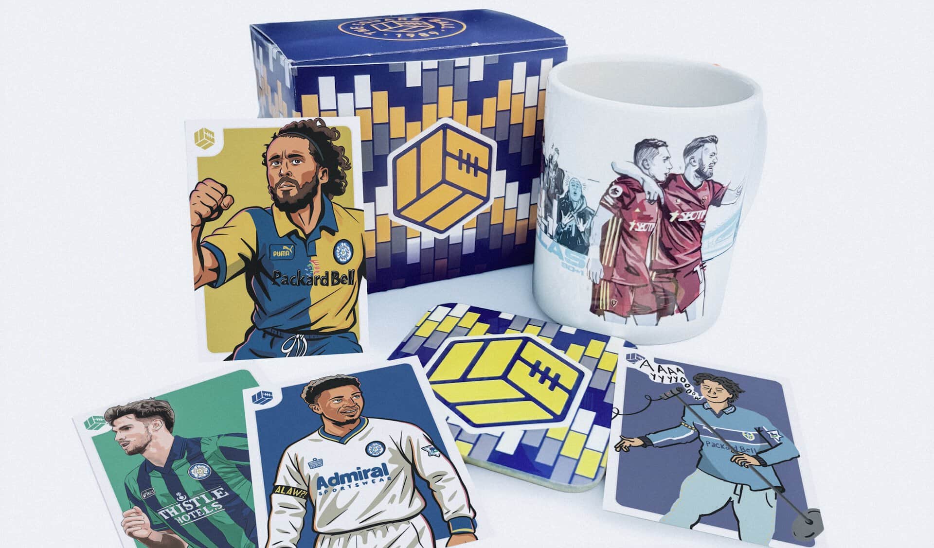 Our new Stuart Dallas mug bundle, featuring artwork of his heroics at the Etihad, plus a TSB Lowfields-inspired coaster and eight player trading cards taken from our 2026 charity calendar