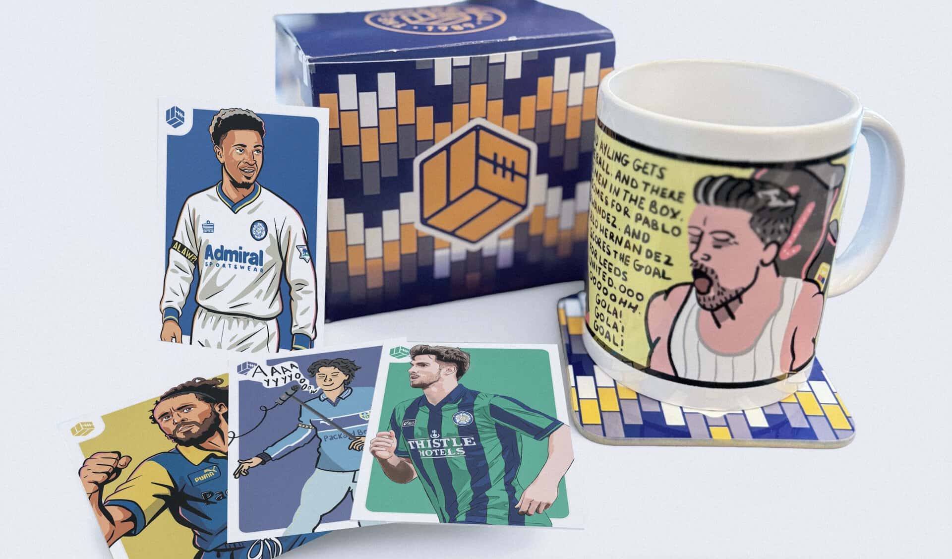 Our new Pablo Hernandez mug bundle, featuring artwork of his heroics at Swansea, plus a TSB Lowfields-inspired coaster and eight player trading cards taken from our 2026 charity calendar