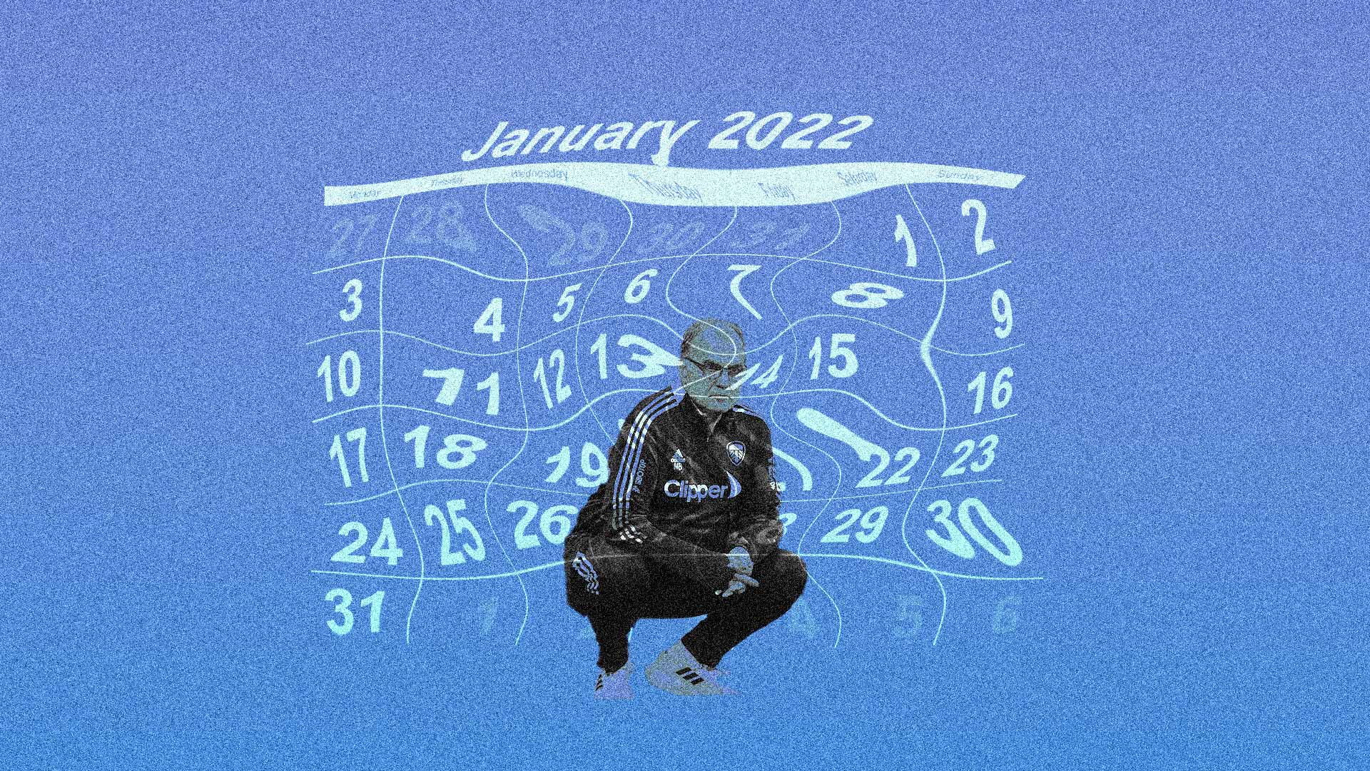 Artwork showing Marcelo Bielsa crouching with a very wave calendar month of January
