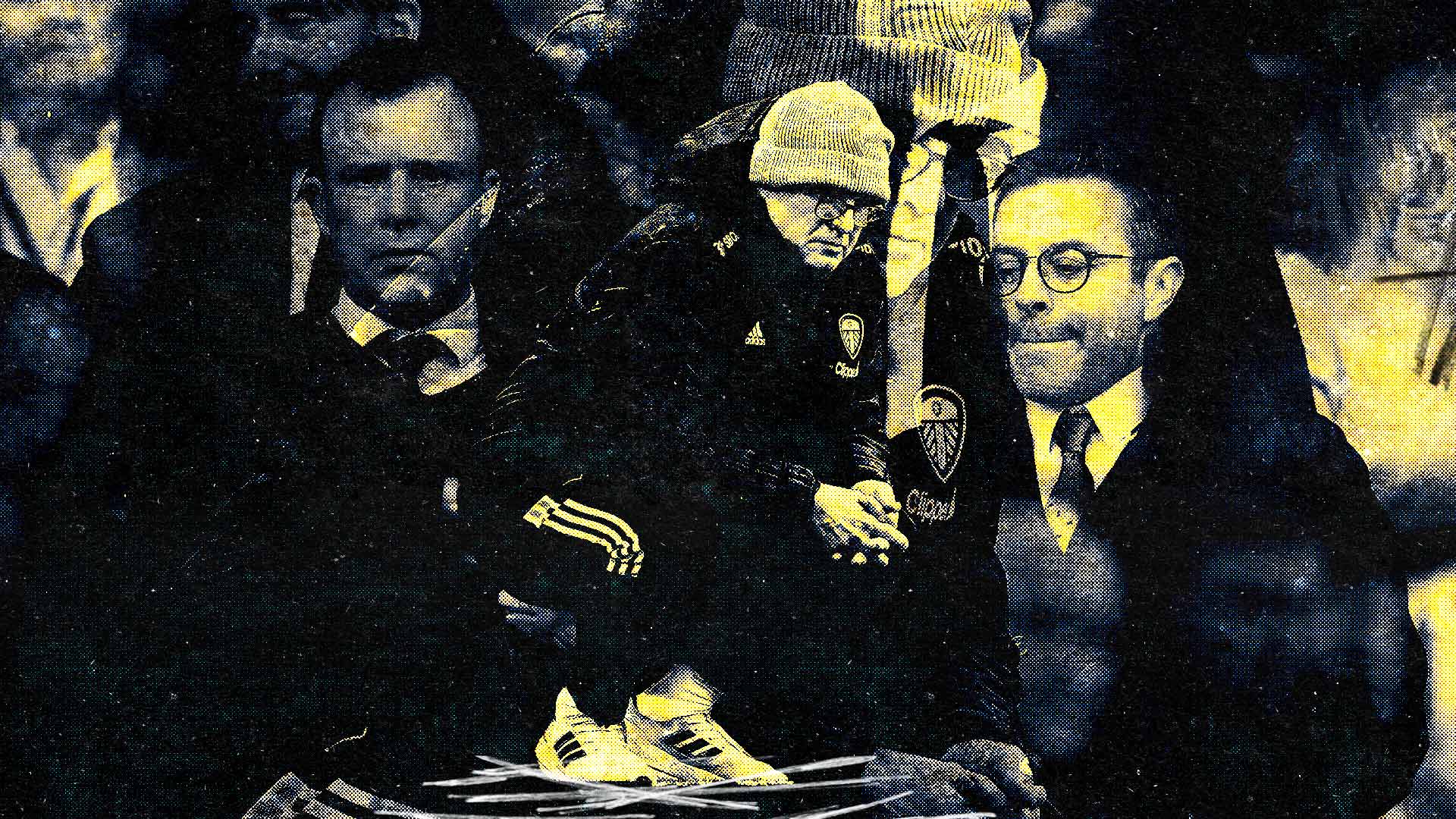 A gloomy montage of Bielsa, flanked by Kinnear and Radrizzani