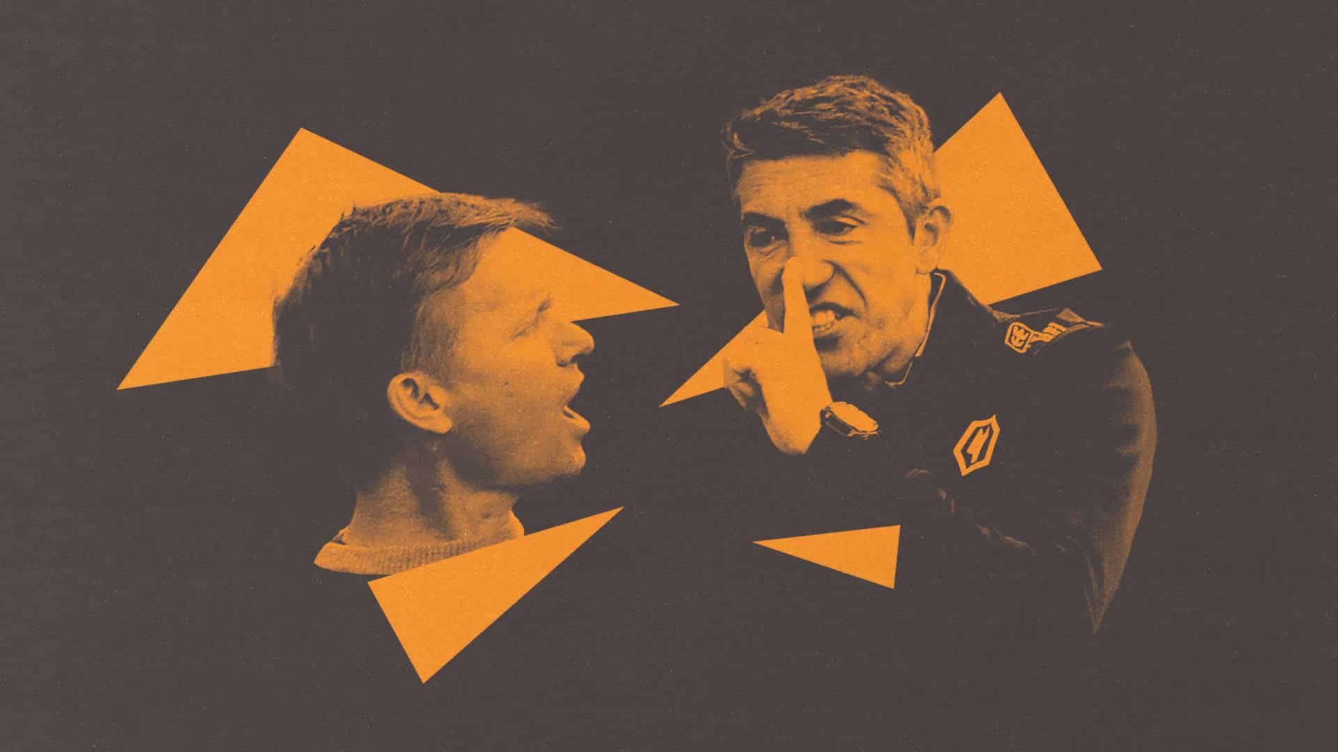 Bruno Lage putting his finger to his lips, and Jesse Marsch telling him where to go