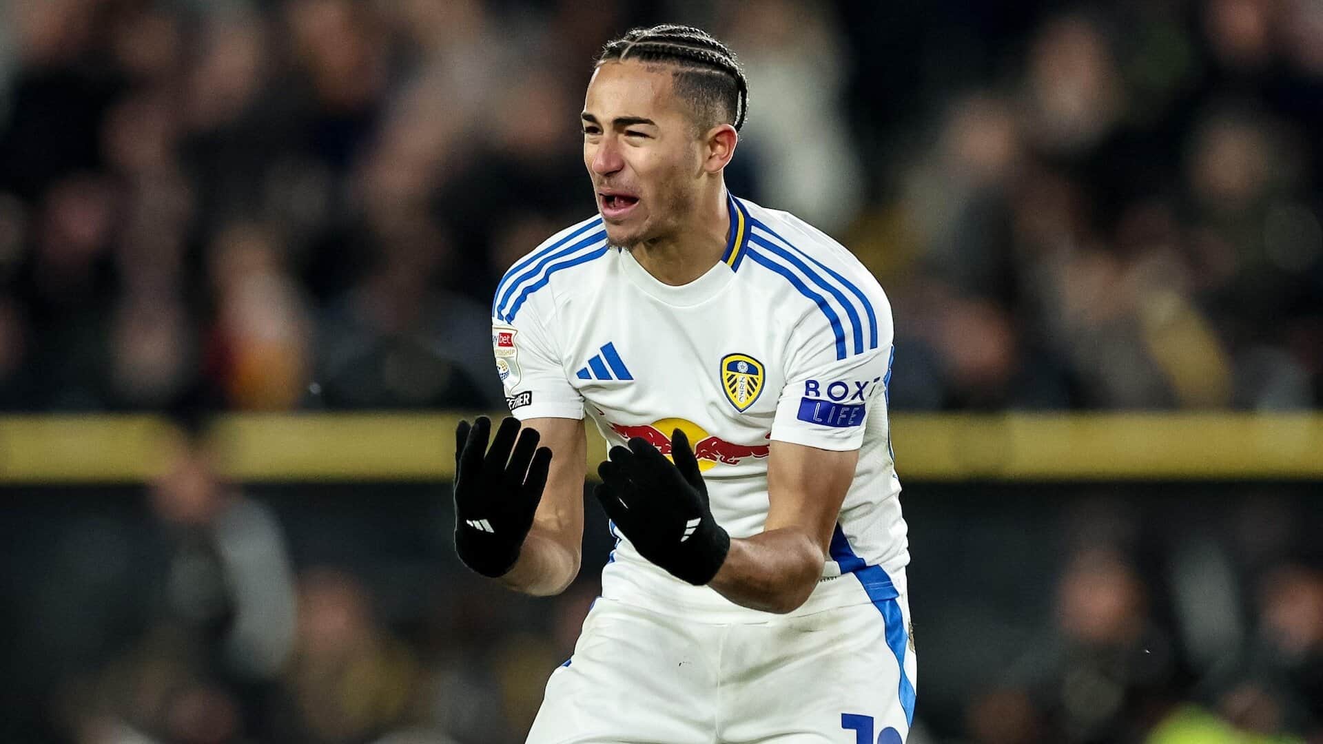 Mateo Joseph looking like he's about to cry while playing for Leeds United last season, the big baby