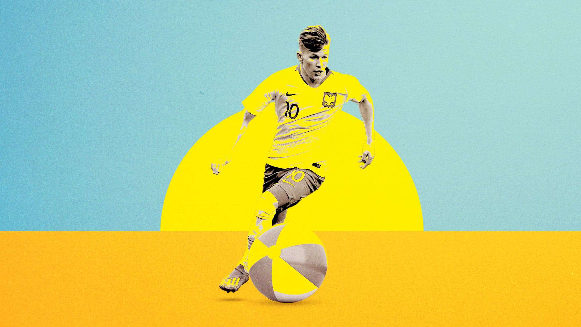 A graphic showing Mateusz Bogusz swaying along a beach in front of a setting sun, a beach ball at his feet