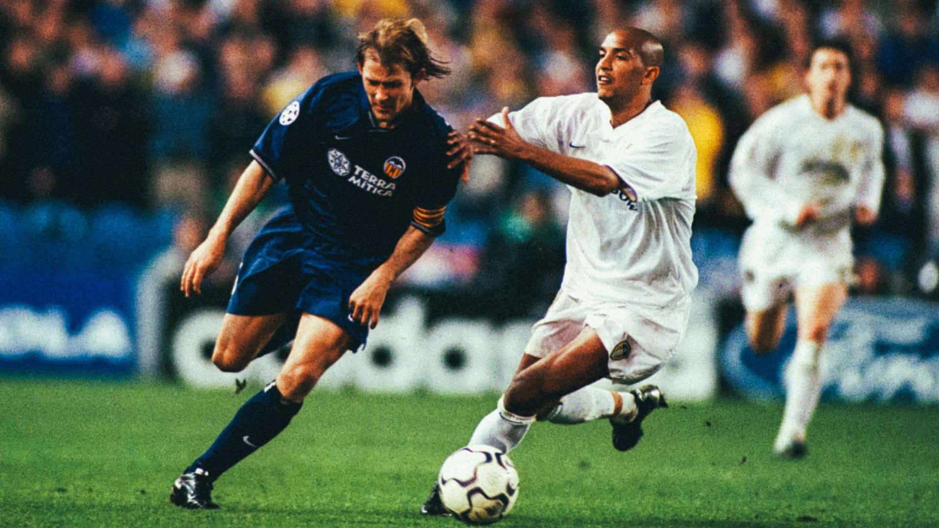 Gaizka Mendieta dribbles around Olivier Dacourt at Elland Road. Just foul him, Olly