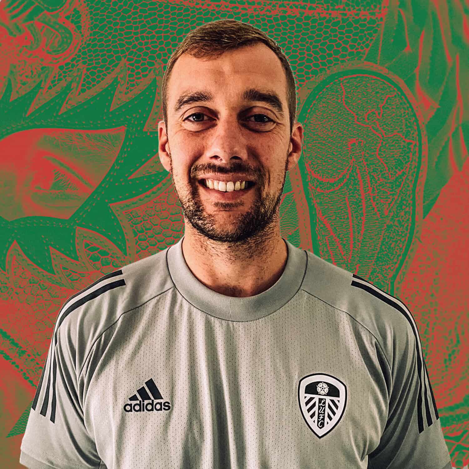 A photograph of Mexican-based Leeds fan Matt Noble wearing a Leeds United training top
