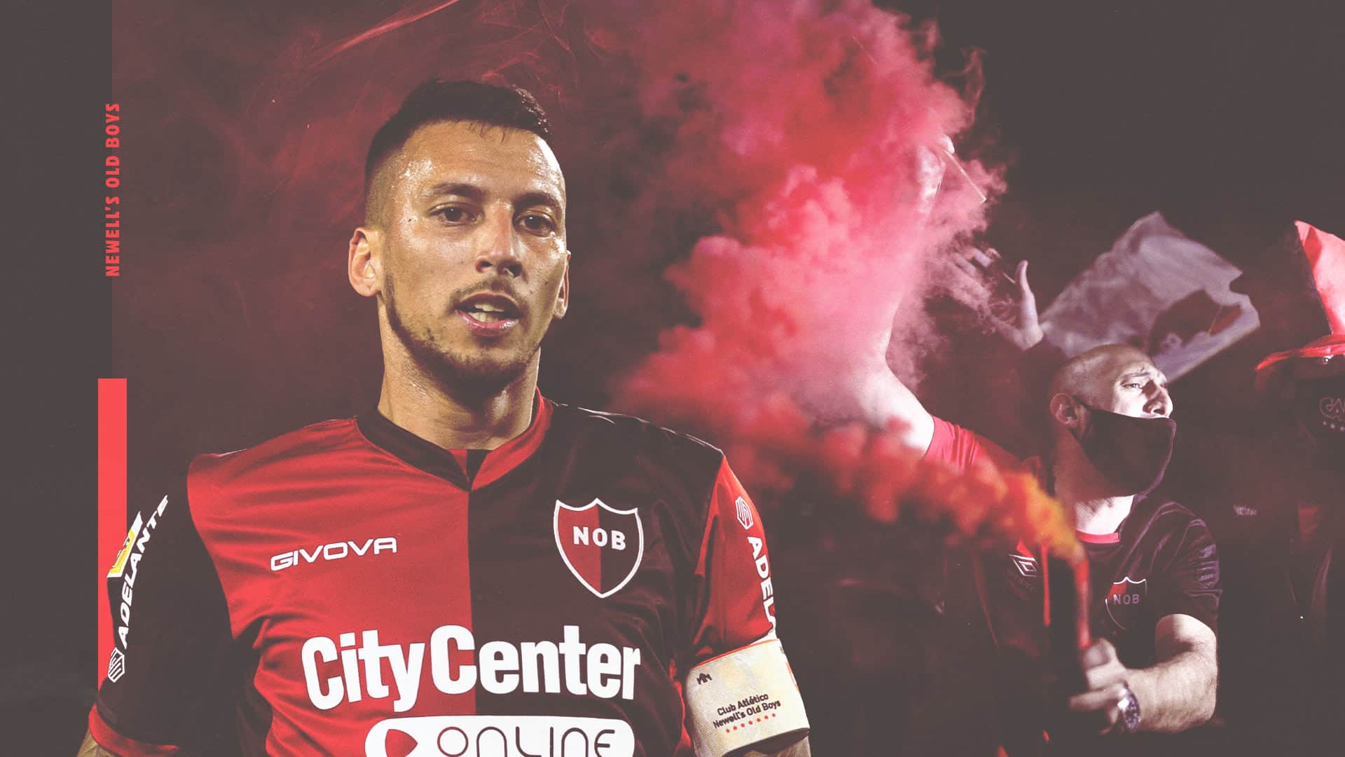 A photo of occasional Newell's Old Boys captain Leonel Vangioni set against the backdrop of a Newell's fan on a quiet one, holding a red flare