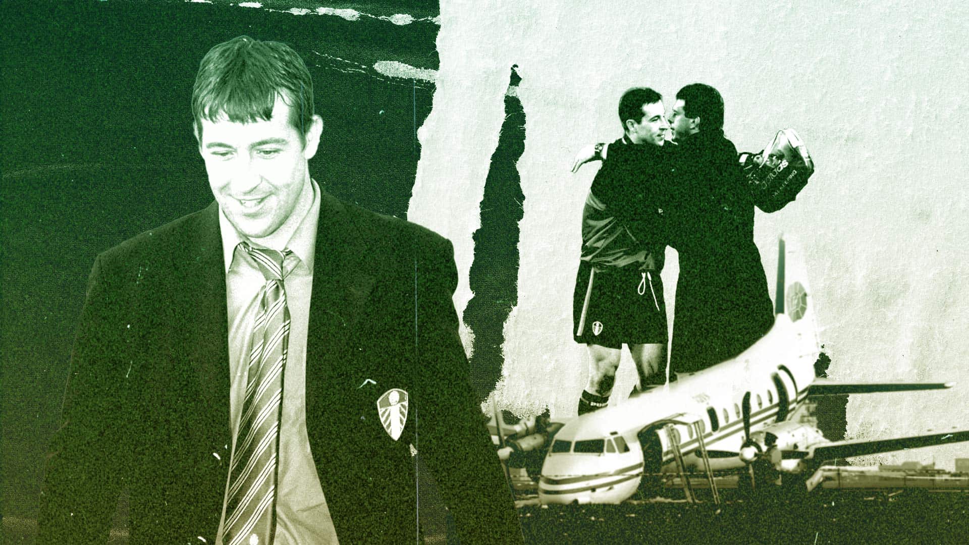 Images of the crashed plane carrying Leeds players at Stansted in 1998, Nigel Martyn in a suit, and Martyn hugging David O'Leary after a game