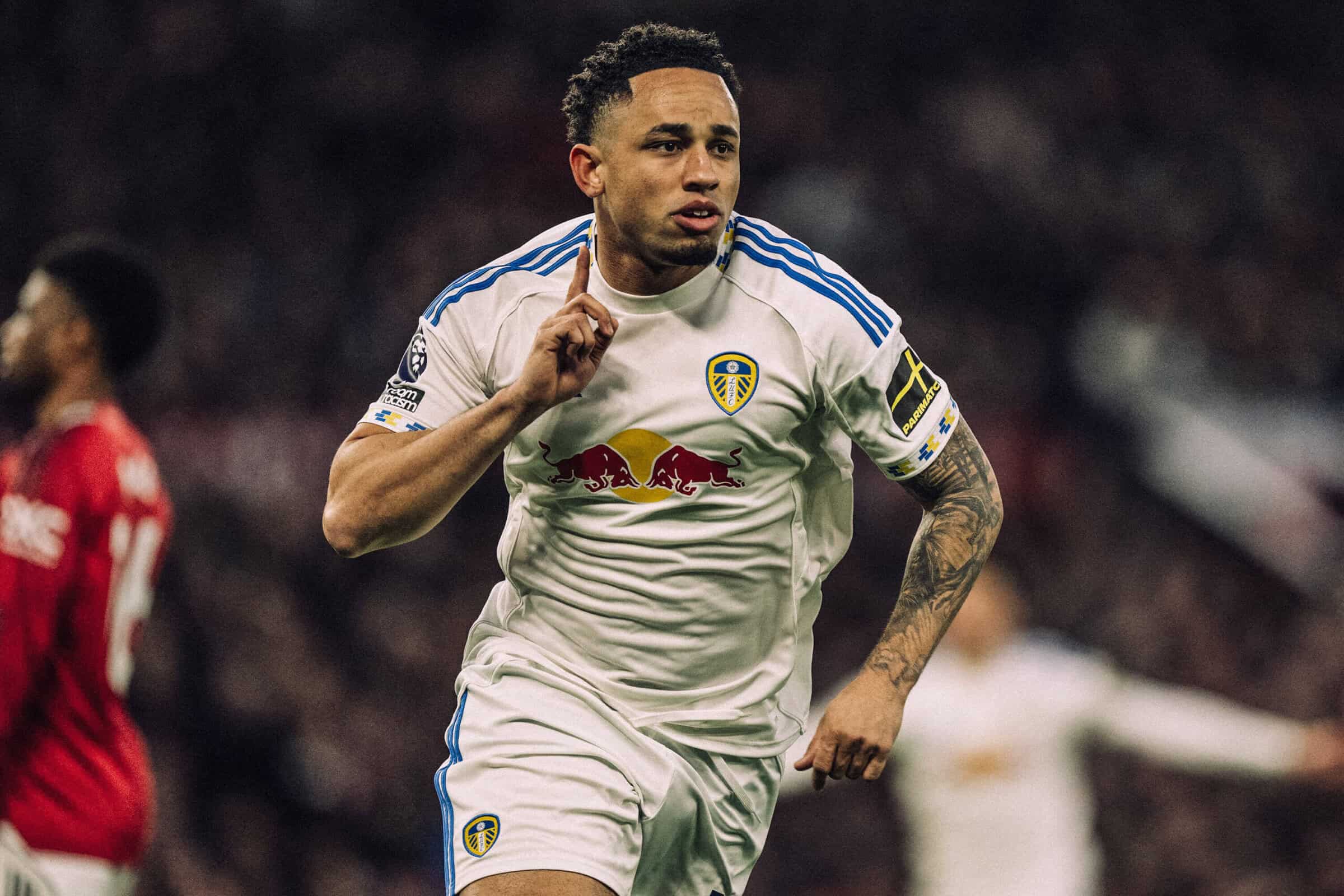 Noah Okafor running off to celebrate his opener against Scum, hand raised as if just about to cup his ear to all the morally bankrupt idiots at Old Trafford