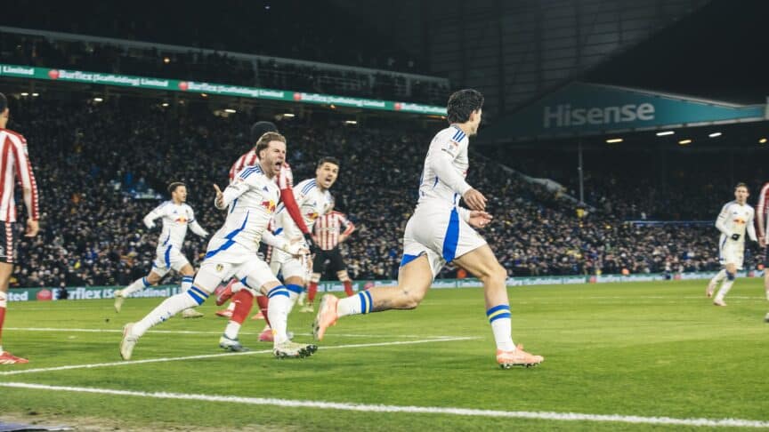Joe Rodon looking wild as Pascal Struijk wheels away to celebrate scoring against Sunderland