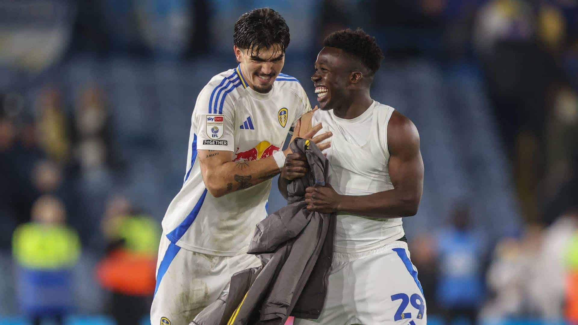 Pascal Struijk shoving Wilf Gnonto playfully after beating Watford. Playing for Leeds looks a lot less stressful than supporting Leeds sometimes