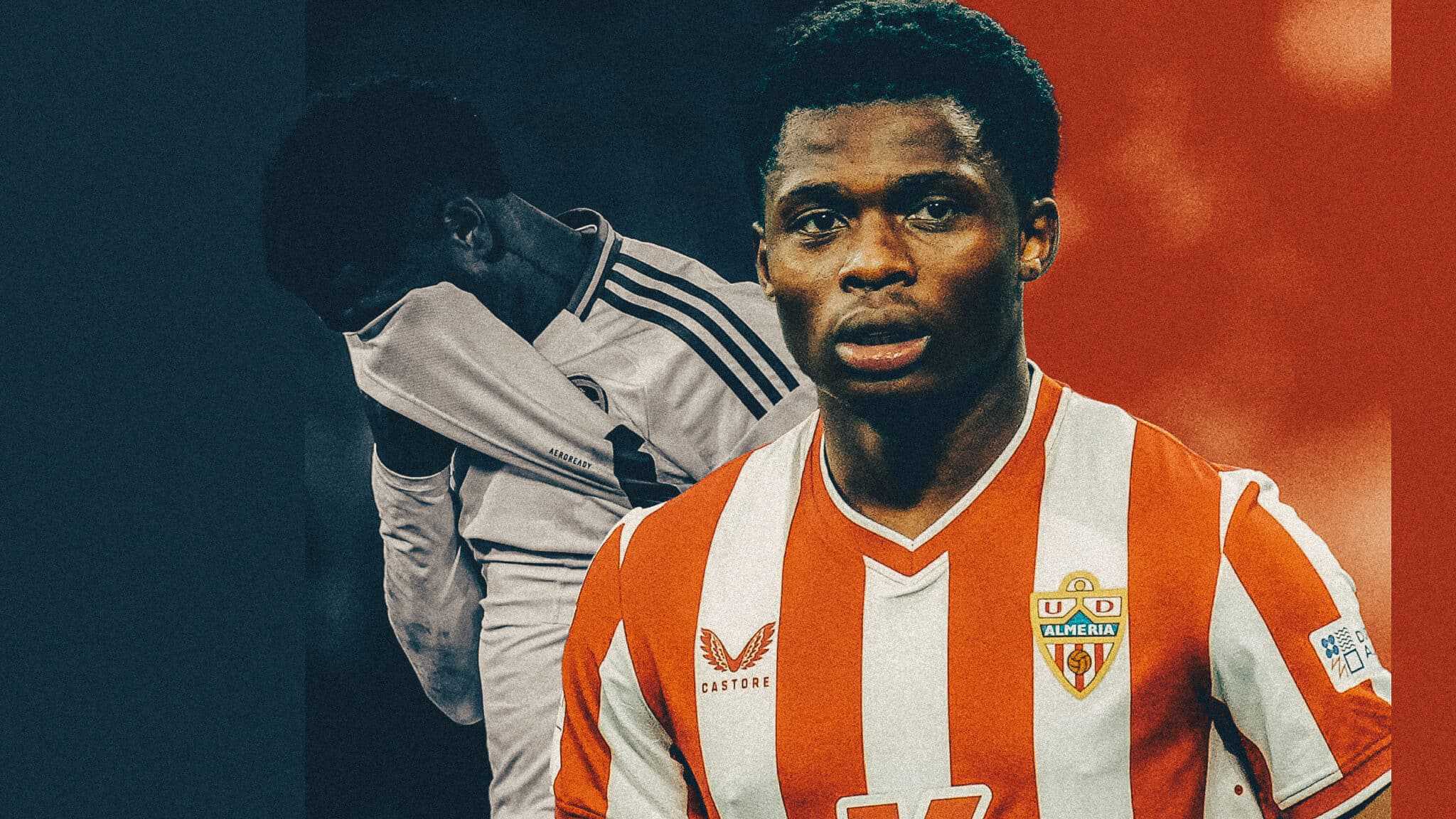 Georgi Rutter in the background hiding his face in his Leeds shirt, with Largie Ramazani in the foreground like a new hero