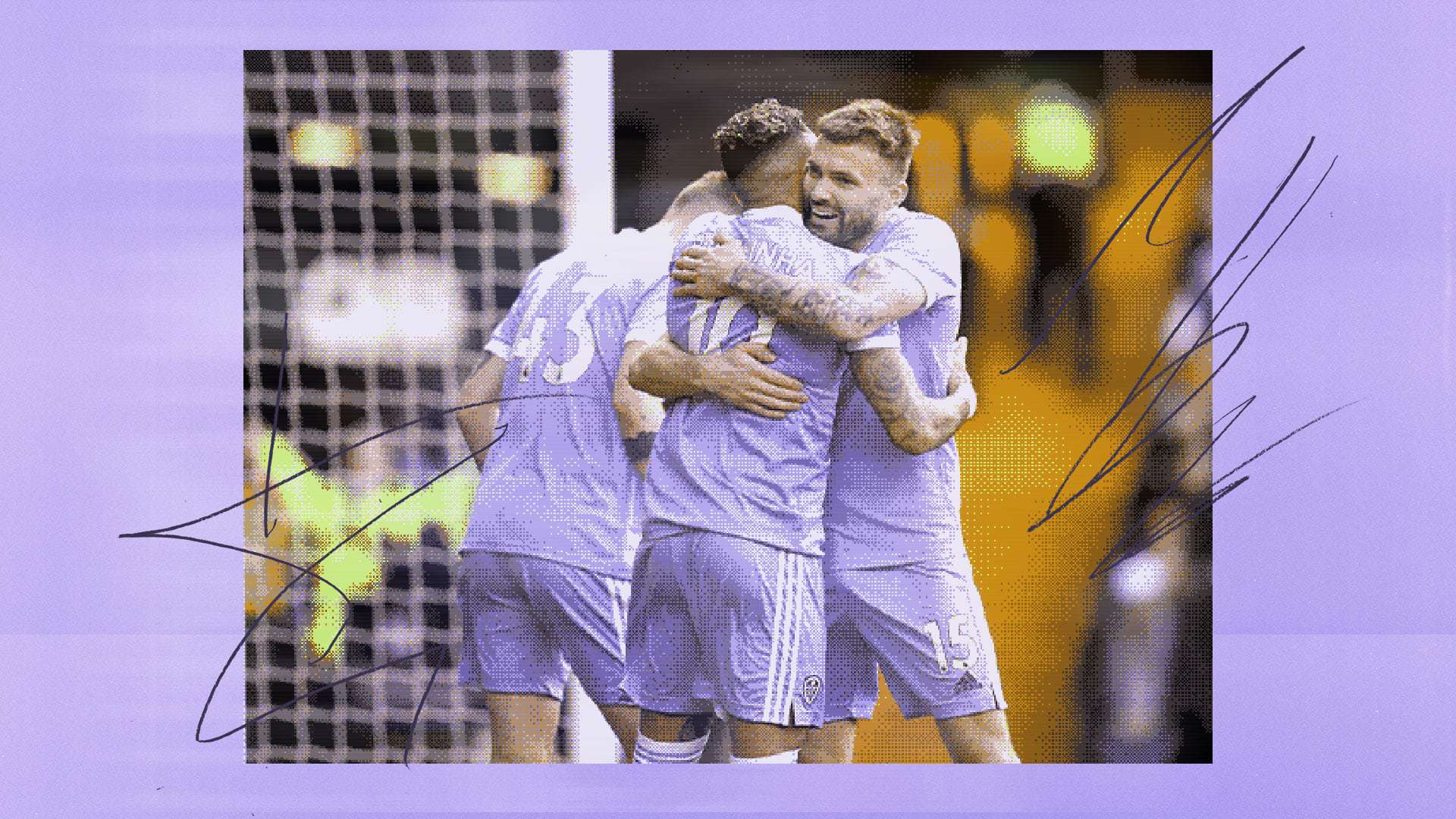 Stuart Dallas giving Raphinha a cuddle after he scored against Watford