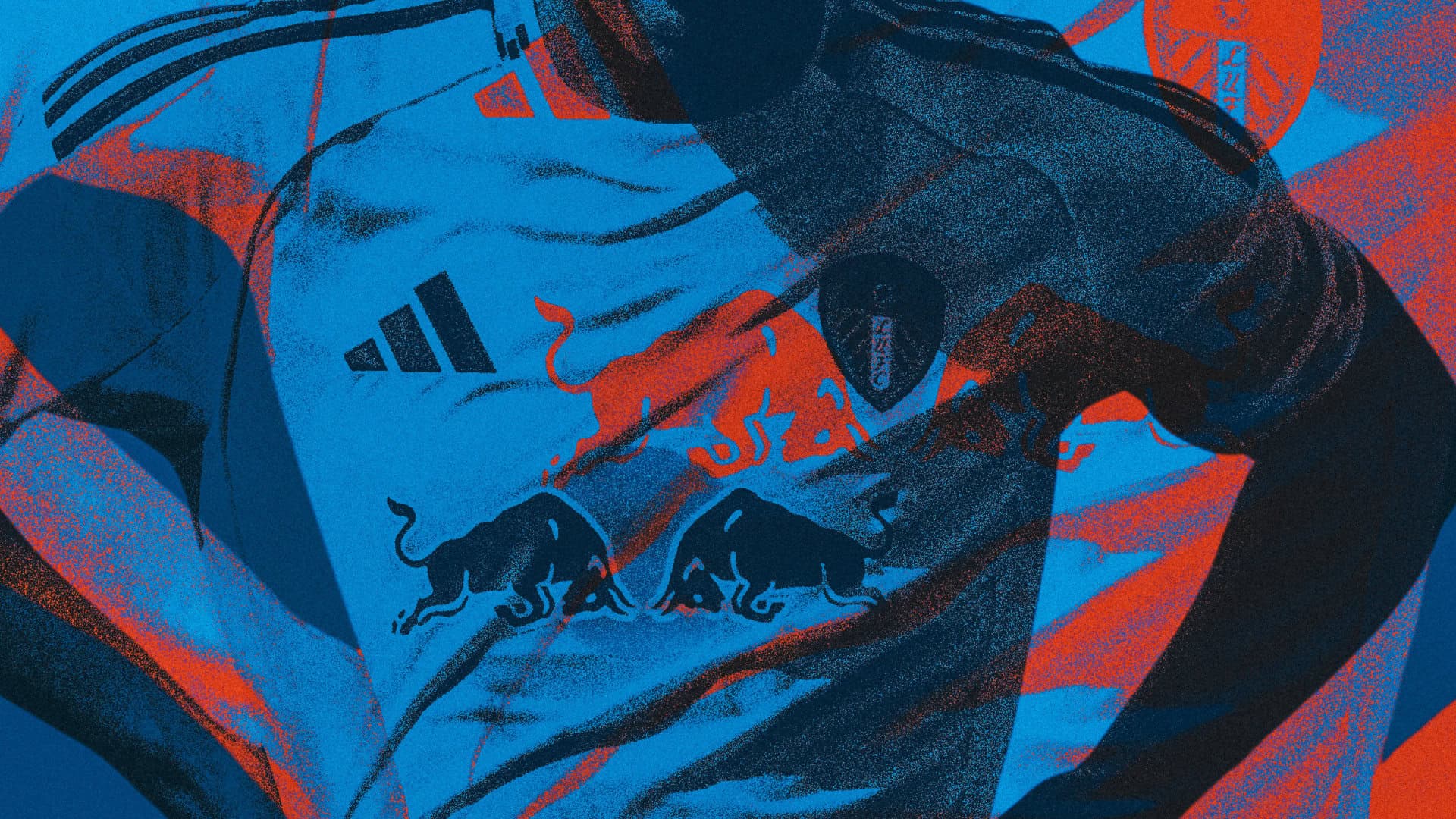 A moody image of Leeds United's new home shirt in red and blue Bull's Piss colours