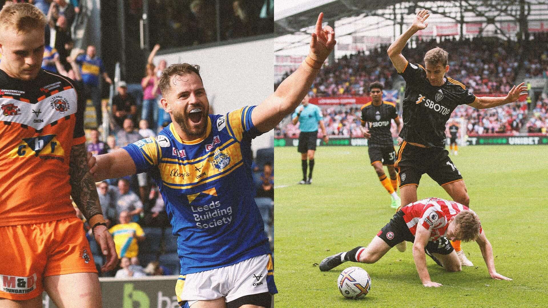 Two images side by side: Aiden Sezer celebrating his winner for Leeds Rhinos against Castleford, and Diego Llorente doing whatever he was doing for Leeds United against Brentford