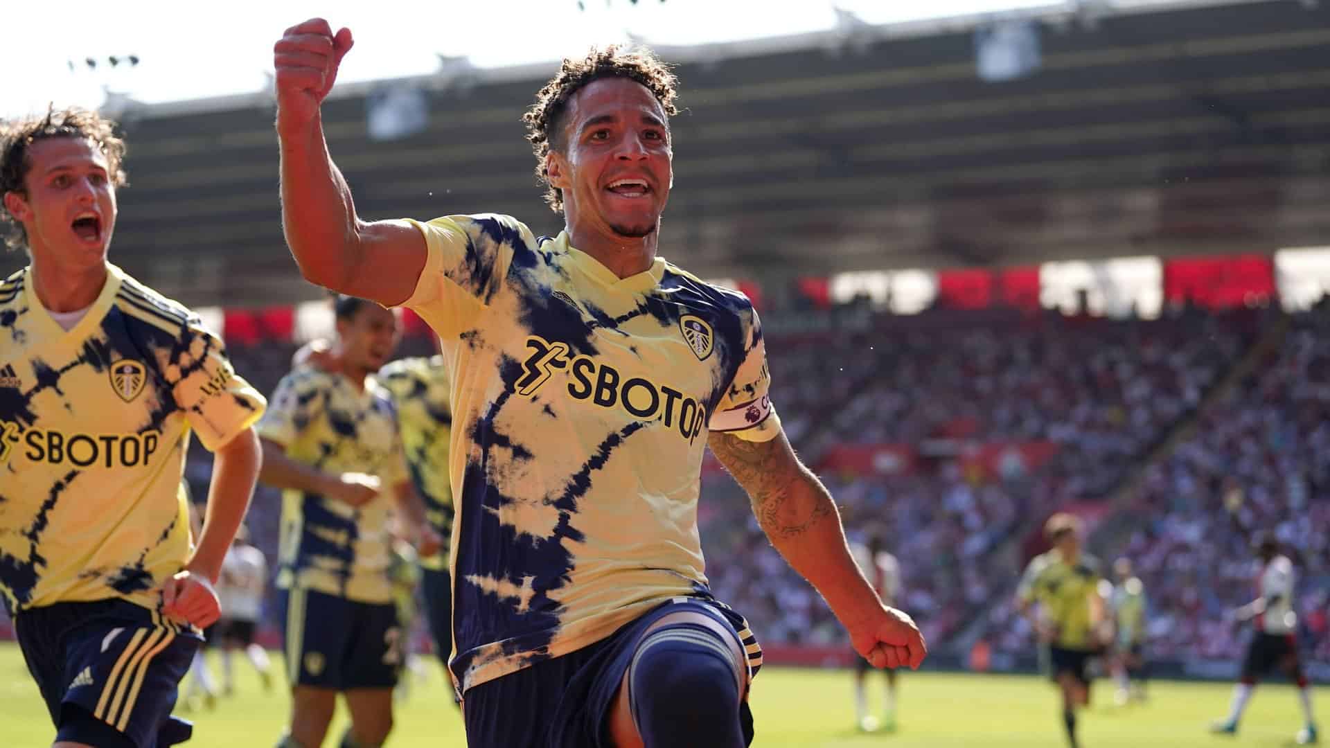Rodrigo waving his arms and legs about to celebrate his second goal for Leeds at Southampton