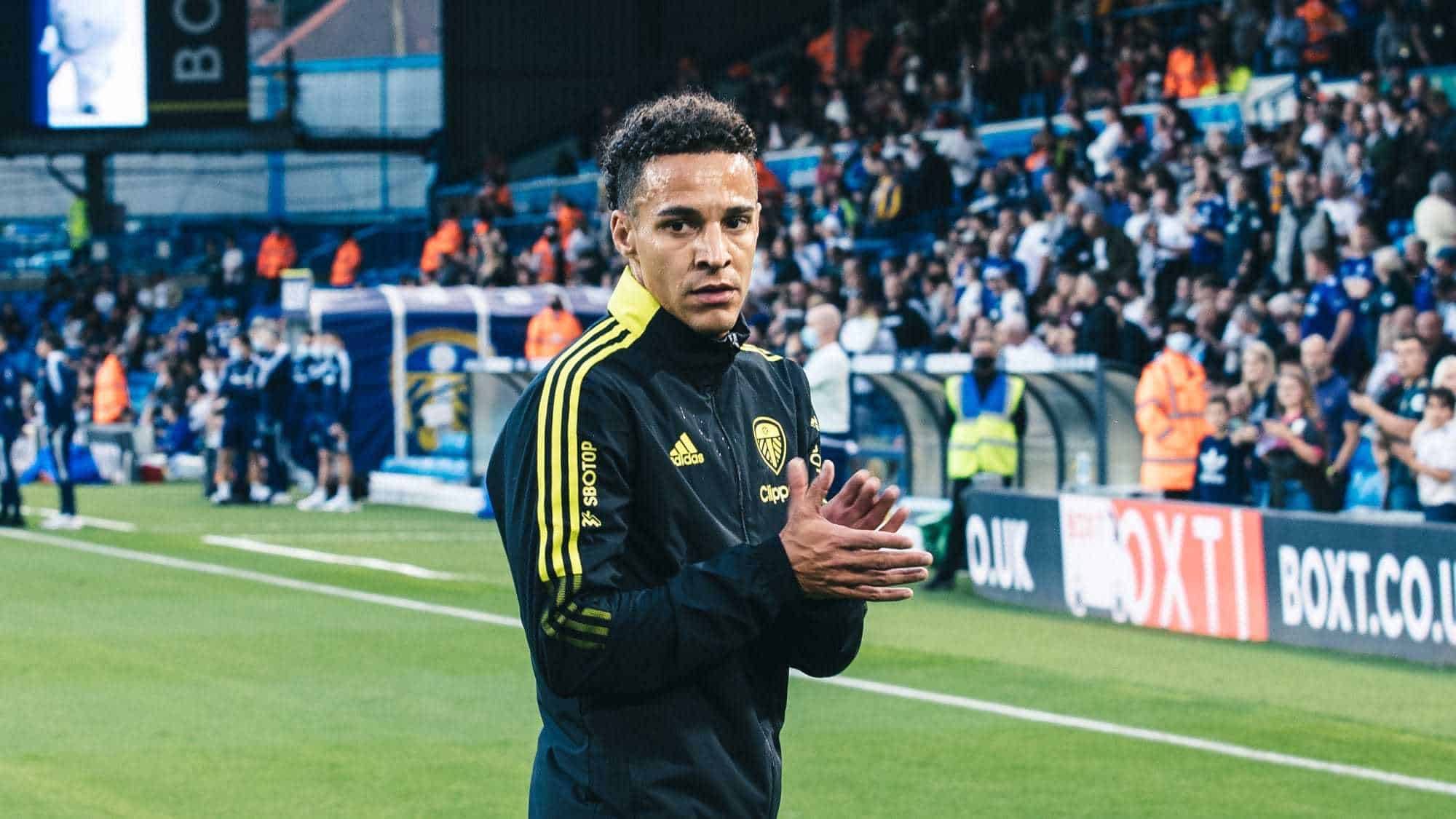 Rodrigo, in his training kit before Leeds vs Crewe, looking pensive