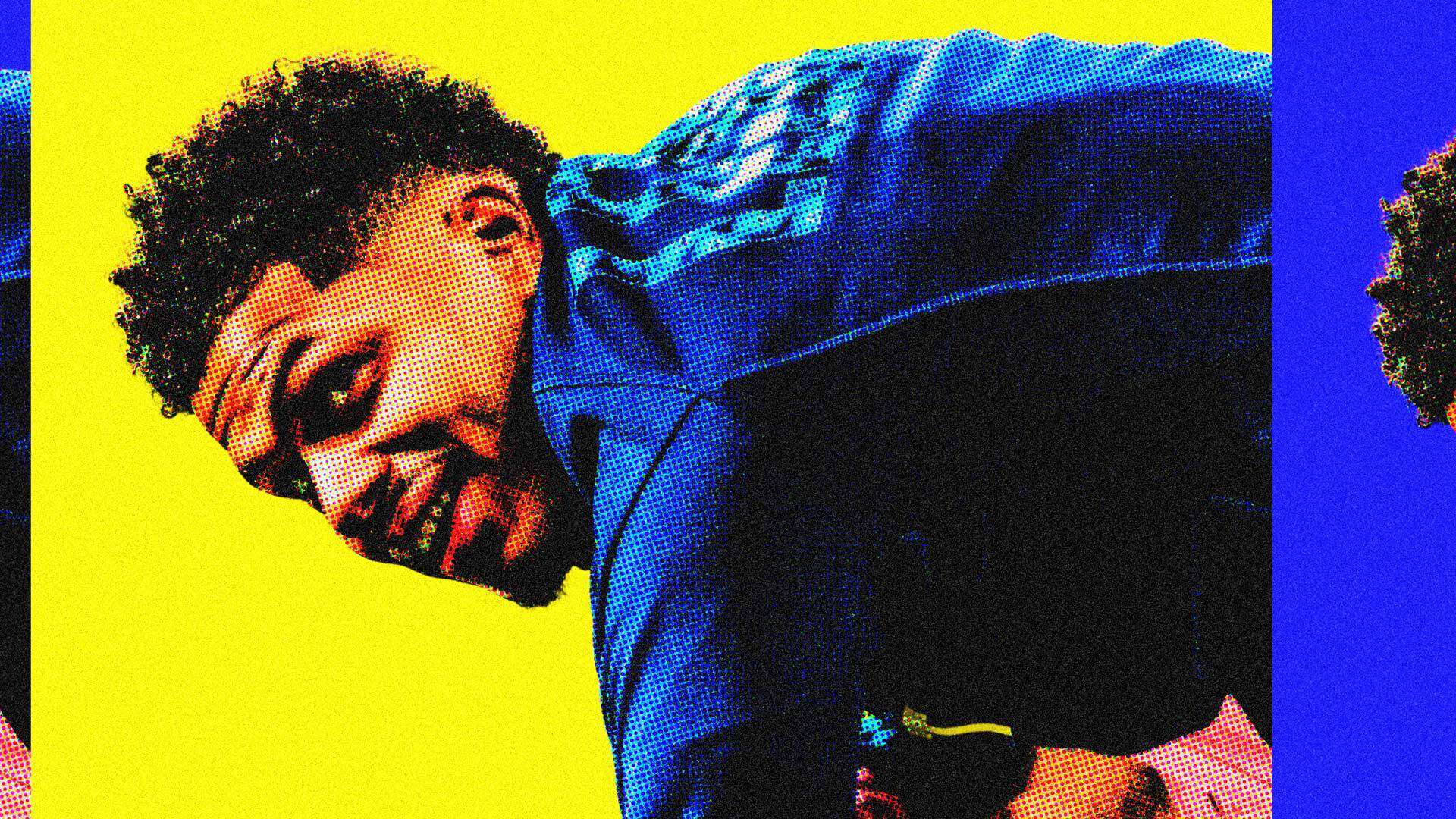 A stylised image of Georginio Rutter bent over, looking up and grinning